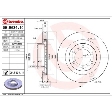 BREMBO 09.B634.11 Тормозной диск передний для TOYOTA Land Cruiser Prado, LEXUS GX460 I 338x32mm BREMBO 09.B634.11 Тормозной диск передний для TOYOTA Land Cruiser Prado, LEXUS GX460 I 338x32mm