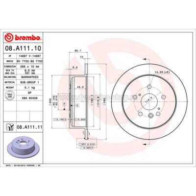 BREMBO 08.A111.11 Диск задний для TOYOTA Highlander I Harrier, LEXUS RX I 288x10mm BREMBO 08.A111.11 Диск задний для TOYOTA Highlander I Harrier, LEXUS RX I 288x10mm