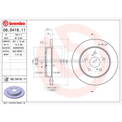 BREMBO 08.D418.11 Диск задний для TOYOTA Camry I Rav4, LEXUS ES I NX I UX I 281x12mm BREMBO 08.D418.11 Диск задний для TOYOTA Camry I Rav4, LEXUS ES I NX I UX I 281x12mm