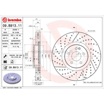 BREMBO 09.B913.11 Диск передний для MERCEDES А-Класс I A45 AMG (W176) I CLA Coupe I GLA I 350x32mm BREMBO 09.B913.11 Диск передний для MERCEDES А-Класс I A45 AMG (W176) I CLA Coupe I GLA I 350x32mm