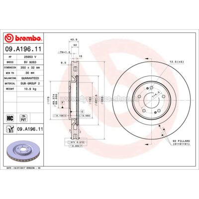 BREMBO 09.A196.11 Диск передний для MITSUBISHI EVO X I 350x32mm BREMBO 09.A196.11 Диск передний для MITSUBISHI EVO X I 350x32mm